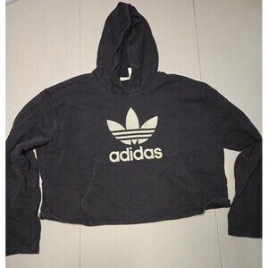 Adidas Originals Womens Sz M Black Cropped Hoodie Sweatshirt Tweed Logo Rare